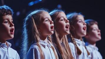 Children singing joyfully in concert performance on stage during evening event with bright lights photo