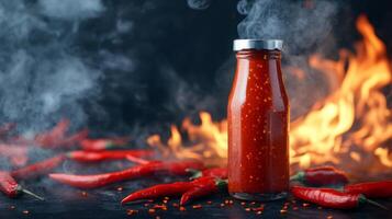 Spicy chili sauce bottle surrounded by fresh red chilies and smoke against a dark background photo