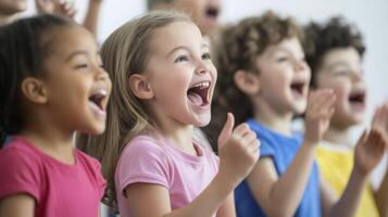 Group of children joyfully singing and clapping during a performance rehearsal in a bright classroom setting photo