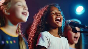 Children performing together on stage during a singing competition in the evening hours with vibrant lighting photo