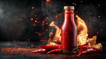Fiery red chili sauce in a glass bottle surrounded by fresh peppers and flames photo
