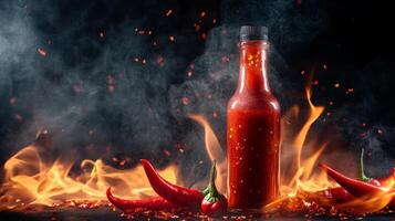 Bold hot sauce bottle surrounded by fresh peppers and flames creating a dynamic culinary display photo