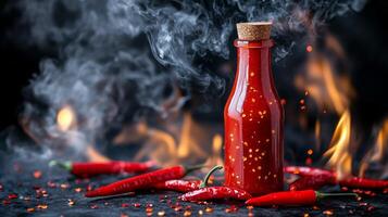 Spicy red chili sauce bottle surrounded by fresh chilies and smoke on a dark surface photo