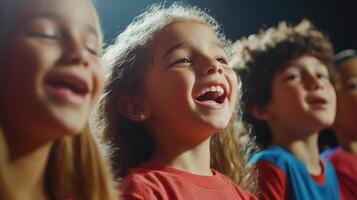 Children singing joyfully during a performance at a community event in the afternoon photo