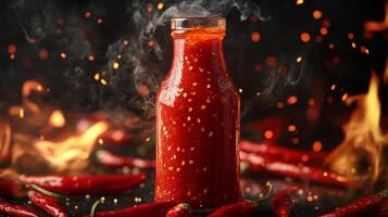 Spicy red sauce bottle surrounded by fresh chili peppers and smoke at a dark setting photo