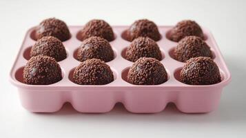 Chocolate truffles displayed in a pink tray with a smooth surface in a bright kitchen setting photo