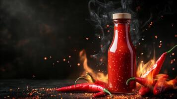 Spicy chili sauce in a glass bottle with fresh red chilies on a dark background, showcasing vibrant colors and textures photo