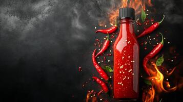 Spicy chili sauce bottle surrounded by fresh peppers and flames on dark background photo