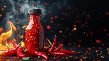 Hot chili sauce bottle surrounded by fresh red chilies and flames in a dark setting photo
