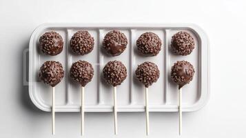 Chocolate coated cake pops arranged neatly on a white tray ready for a party or celebration photo