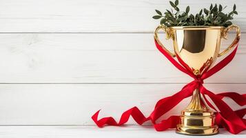 Golden trophy adorned with red ribbon and greenery on a white wooden background, symbolizing achievement and success, award concept photo