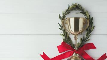 Golden trophy adorned with a laurel wreath and red ribbon on a wooden background, symbolizing achievement and success, award concept photo