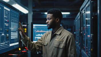 Young professional analyzes data on digital displays in a high-tech control room during nighttime hours photo