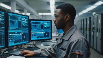 Young technician working intently at multiple computer screens in a modern control room photo