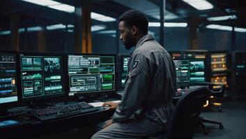 Monitoring operations in a high-tech control room with multiple screens displayed at night photo