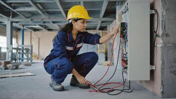Young electrician working on electrical panel in construction site during daytime to ensure safety and functionality photo