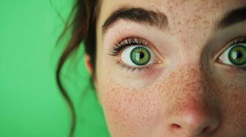 Close-up of green eyes with freckles against a vibrant green background capturing a moment of surprise photo