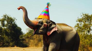 Elephant wearing a colorful party hat celebrating at a wildlife sanctuary during daytime with lush greenery in the background photo