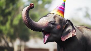 Elephant celebrates birthday with colorful party hat in nature setting during daytime photo