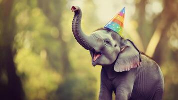 Playful baby elephant wearing a party hat celebrates in a vibrant forest setting photo