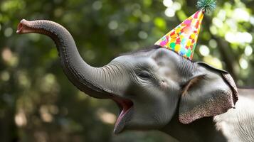 Elephant celebrates birthday with festive hat in a lush forest setting photo