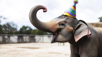 Elephant wearing a colorful party hat celebrates a special occasion in a wildlife sanctuary photo
