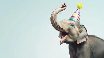 Happy elephant celebrating a special occasion with a party hat indoors photo
