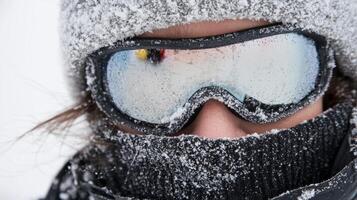 Winter sports enthusiast faces harsh cold with frosty goggles while preparing for a snowy adventure in a mountainous region photo