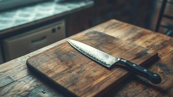 Cutting knife placed on a wooden chopping board in a rustic kitchen setting photo