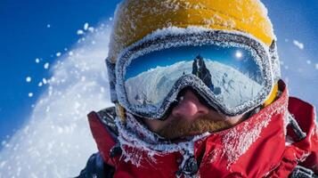 Adventurer exploring snowy mountain landscape while enduring harsh winter conditions with snow-covered gear photo