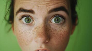 Freckles and wide eyes express surprise against a vibrant green background during daylight hours photo