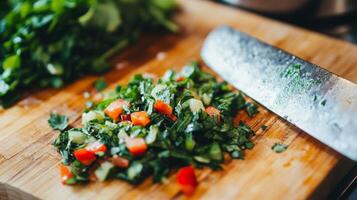 Freshly chopped vegetables on a wooden cutting board in a kitchen setting during daylight hours photo