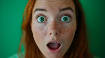 Surprised woman with vivid green eyes and freckled skin against a solid green background expressing shock and astonishment photo