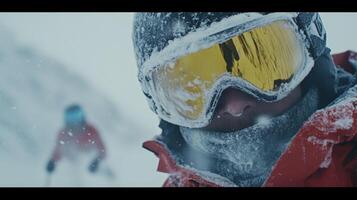 Skiers enjoy a snowy mountain adventure amidst harsh winter conditions and powdery slopes photo