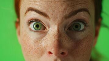 Close-up of a surprised woman with green eyes and freckles against a vivid green background photo
