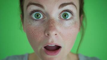 Woman with green eyes showing surprise against bright green background during daytime photo