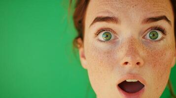 Surprise expression captured against a vibrant green background during daylight hours photo
