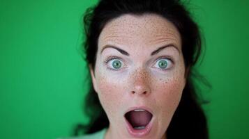 Surprised woman expressing shock against a green backdrop with noticeable freckles and vibrant green eyes photo