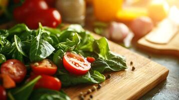 Fresh spinach and cherry tomatoes prepared on a wooden cutting board in a well-lit kitchen setting during the late afternoon photo