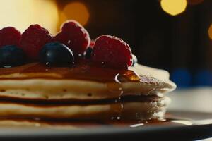 Delicious pancakes topped with fresh berries and syrup served in a cozy dining setting photo
