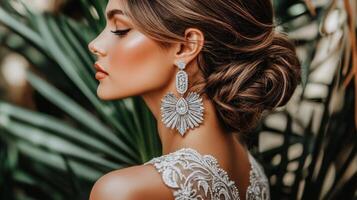 Elegant woman in profile showcasing intricate earrings against a lush tropical background during a bright afternoon photo