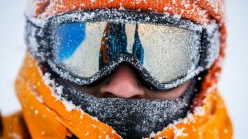 Winter adventure in a snowy landscape with a person wearing an orange jacket and reflective goggles photo