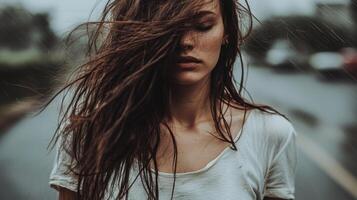 Woman with wet hair stands in the rain on a city street, evoking emotion in a moment of solitude during a cloudy day photo