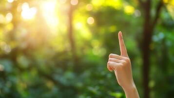 Hand raised pointing upward in sunlight amidst green foliage in a tranquil forest setting photo