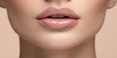 Close-up of glossy lips showcasing natural beauty and smooth skin in a soft lighting setting photo