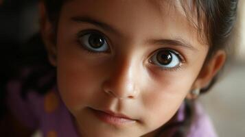 Young girl with large brown eyes gazes warmly from a cozy interior in the afternoon light photo