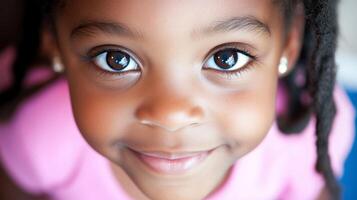 Young girl with beautiful eyes smiles warmly at the camera indoors during a sunny afternoon photo