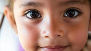 Close-up of a child with expressive eyes displaying innocence and curiosity in natural light photo
