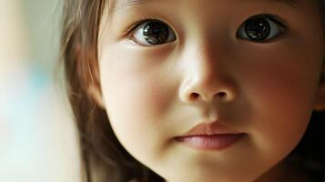 Child with expressive eyes gazing curiously at the viewer in a softly lit setting photo