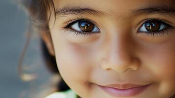 Bright-eyed child with warm smile enjoying a sunny day outdoors in a lively neighborhood photo